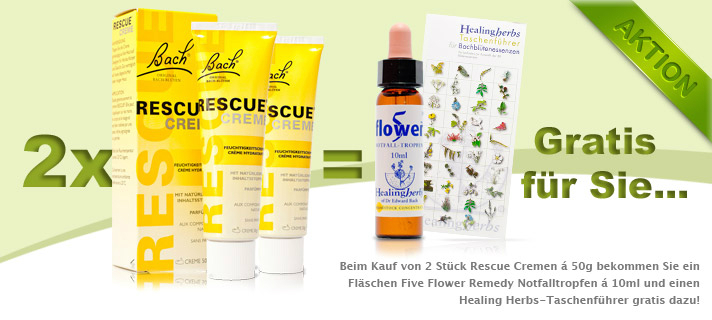 Beim Kauf von 2 Stück Rescue Cremen á 50g bekommen Sie ein Fläschen Five Flower Remedy Notfalltropfen á 10ml und einen Healing Herbs-Taschenführer gratis dazu!